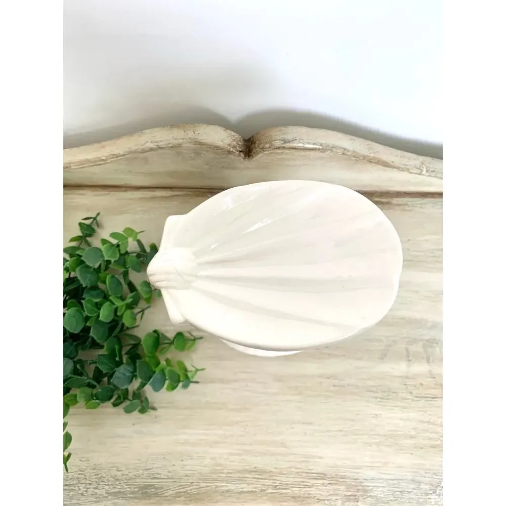 Vintage Cherub Dolphin Shell Compote Pedestal Bowl Pearlized Ceramic Coastal